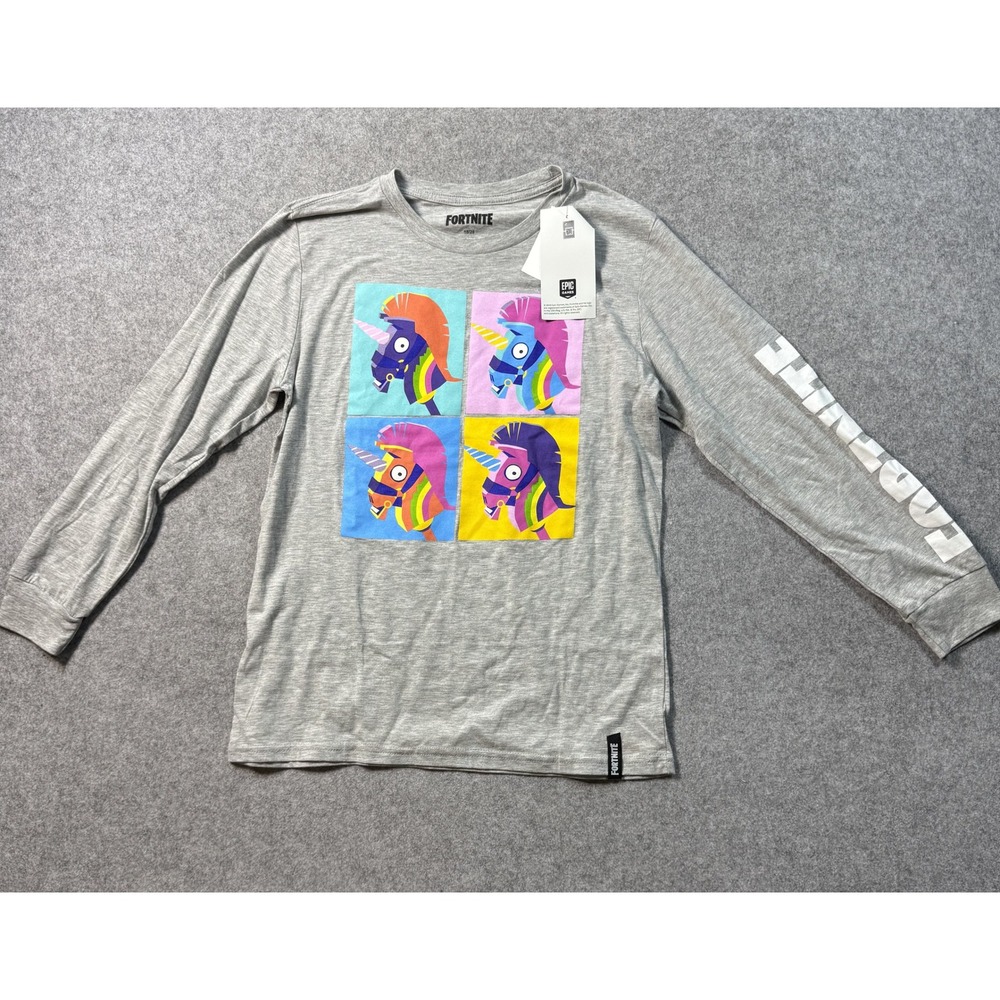 Fortnite Boys Llama Pop Art Long Sleeve Shirt 18/20 Gray Cotton Blend NWT